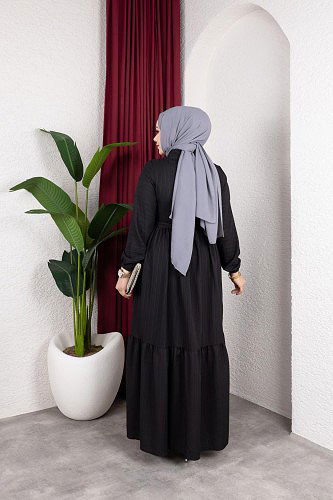 Beli Büzgülü İnci Ve Taş Detaylı Elbise-5070 Siyah - Thumbnail