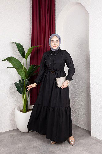 Modaebva - Beli Büzgülü İnci Ve Taş Detaylı Elbise-5070 Siyah