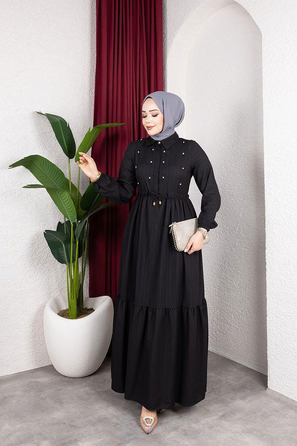 Beli Büzgülü İnci Ve Taş Detaylı Elbise-5070 Siyah