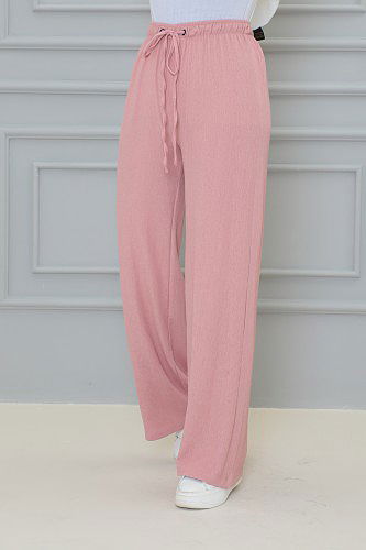 Beli Lastikli Bürümcük Kumaş Pantolon-3141 Pudra - Thumbnail