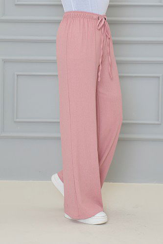 Beli Lastikli Bürümcük Kumaş Pantolon-3141 Pudra - Thumbnail