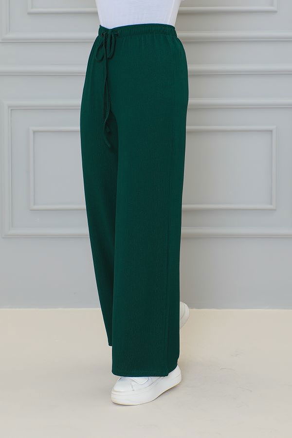 Beli Lastikli Bürümcük Kumaş Pantolon-3141 Zümrütyeşili