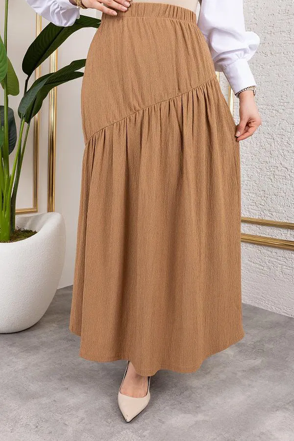 Beli Lastikli Büzgülü Etek-5026 Latte