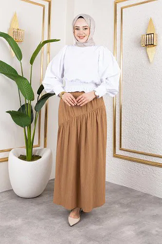 Beli Lastikli Büzgülü Etek-5026 Latte - Thumbnail