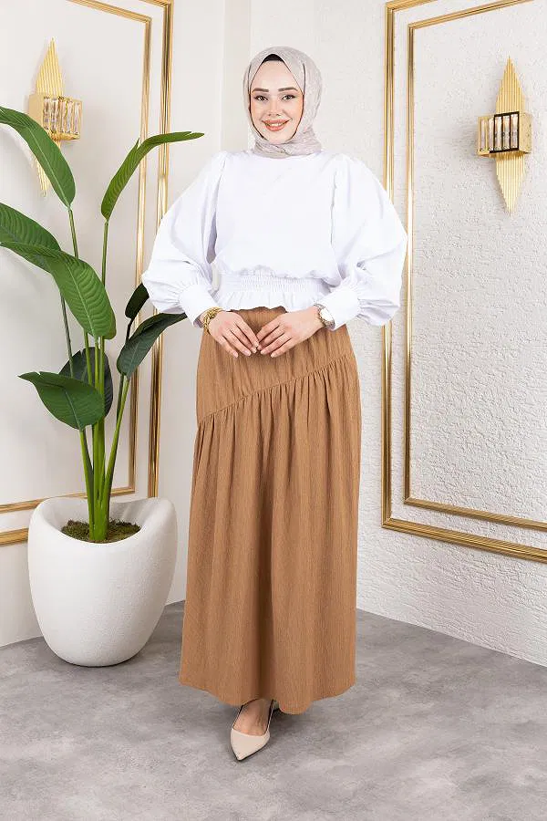 Beli Lastikli Büzgülü Etek-5026 Latte