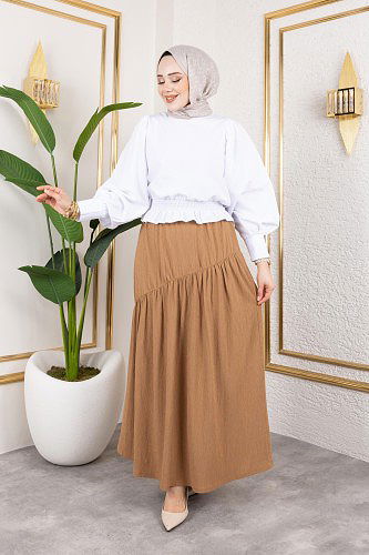 Modaebva - Beli Lastikli Büzgülü Etek-5026 Latte (1)