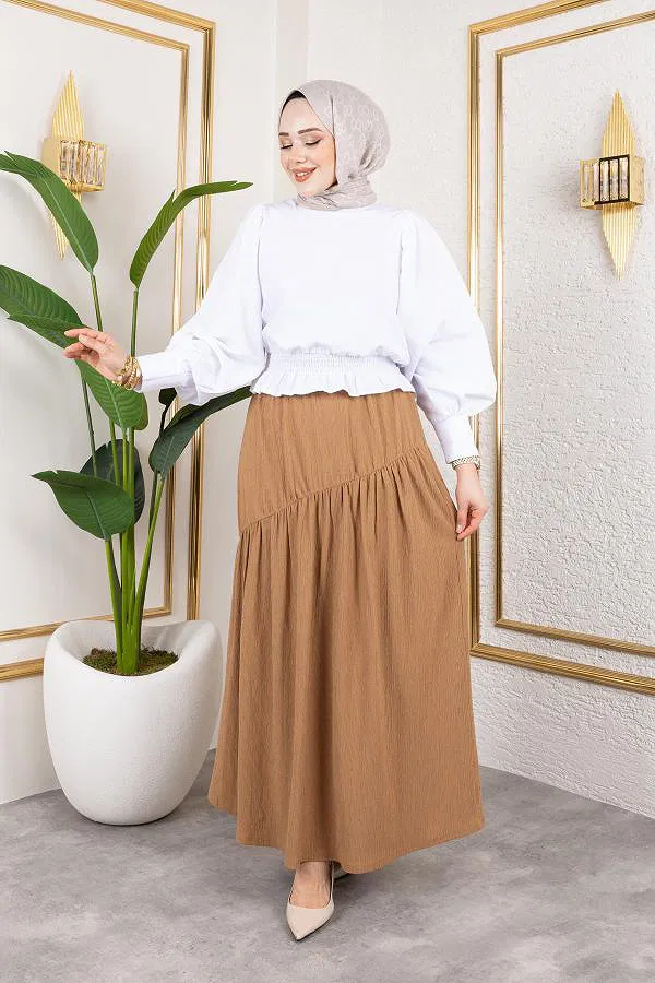 Beli Lastikli Büzgülü Etek-5026 Latte