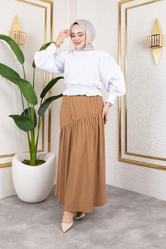 Modaebva - Beli Lastikli Büzgülü Etek-5026 Latte