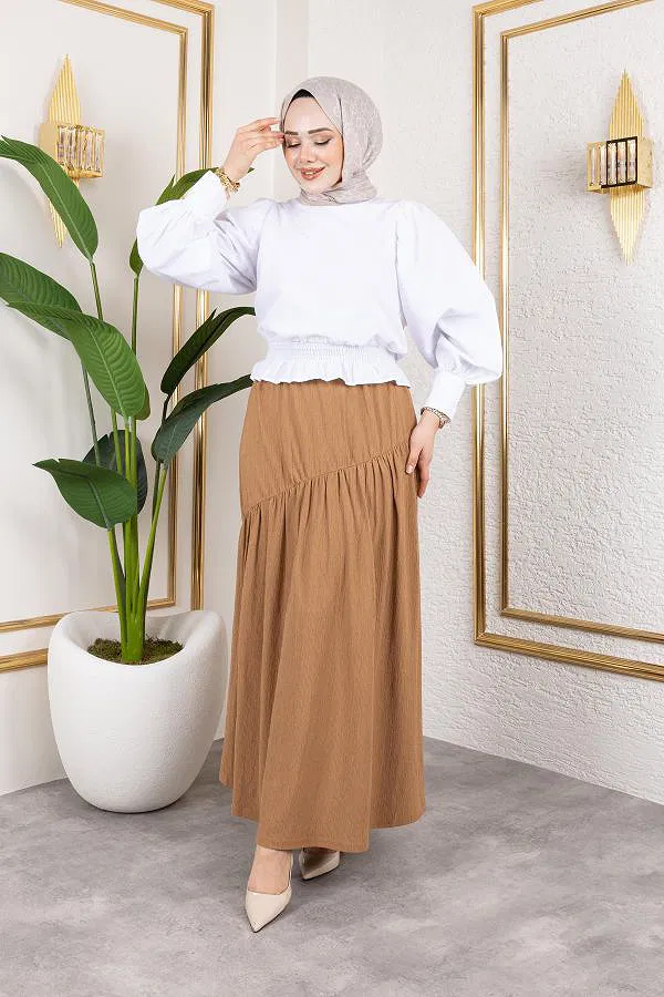 Beli Lastikli Büzgülü Etek-5026 Latte