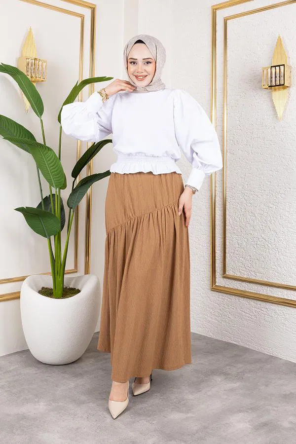 Beli Lastikli Büzgülü Etek-5026 Latte