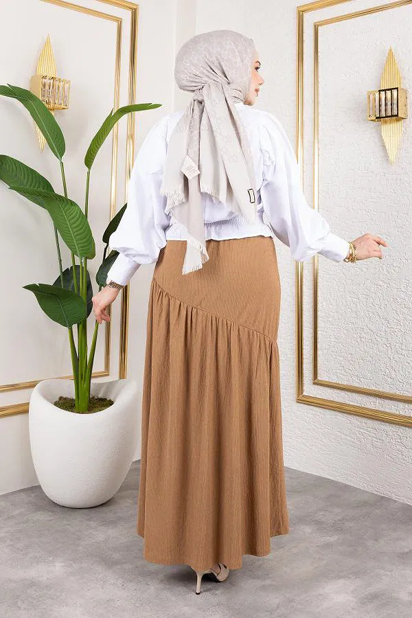 Beli Lastikli Büzgülü Etek-5026 Latte