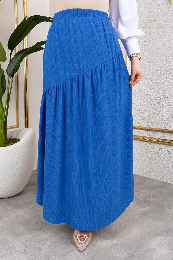 Beli Lastikli Büzgülü Etek-5026 Saks mavisi