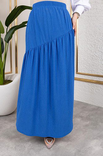 Beli Lastikli Büzgülü Etek-5026 Saks mavisi - Thumbnail