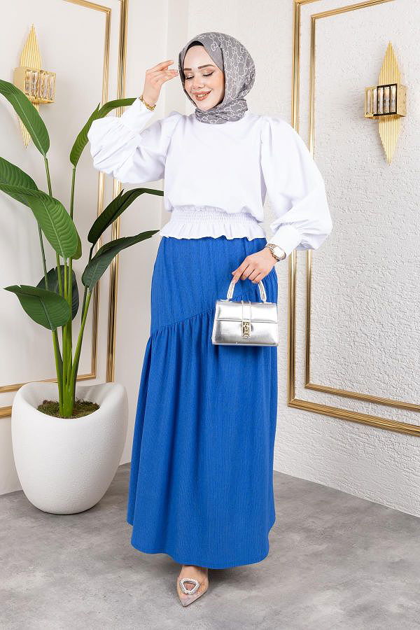 Beli Lastikli Büzgülü Etek-5026 Saks mavisi