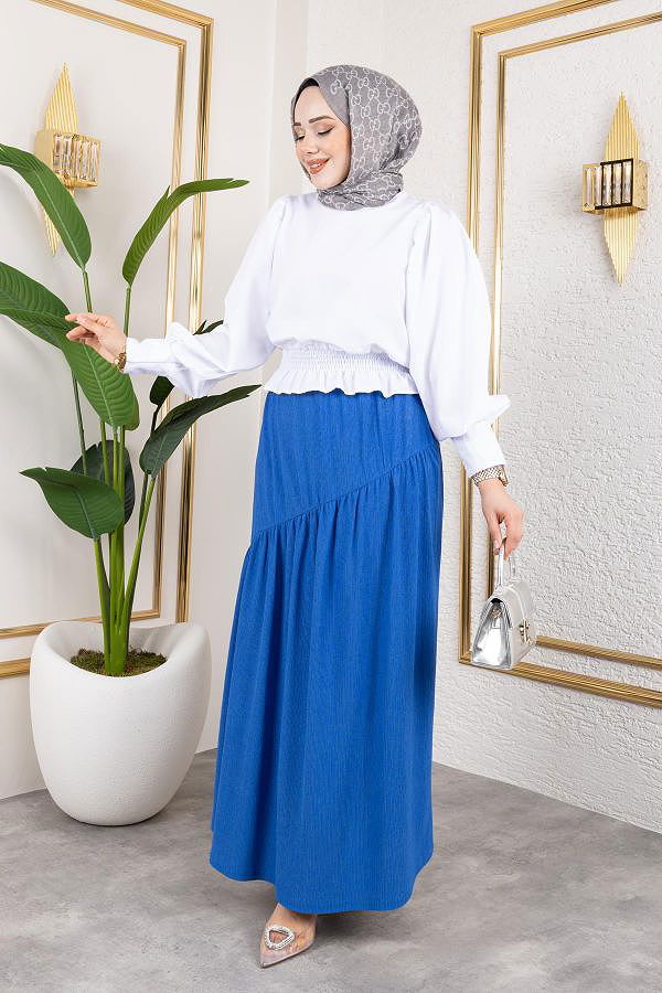 Beli Lastikli Büzgülü Etek-5026 Saks mavisi