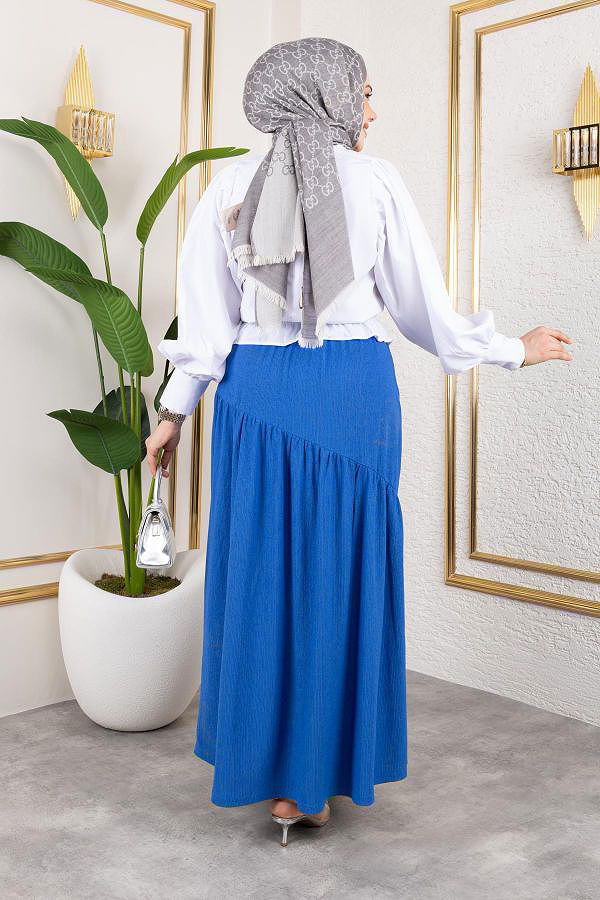 Beli Lastikli Büzgülü Etek-5026 Saks mavisi
