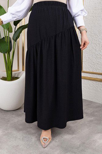 Beli Lastikli Büzgülü Etek-5026 Siyah - Thumbnail