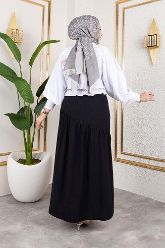 Beli Lastikli Büzgülü Etek-5026 Siyah - Thumbnail