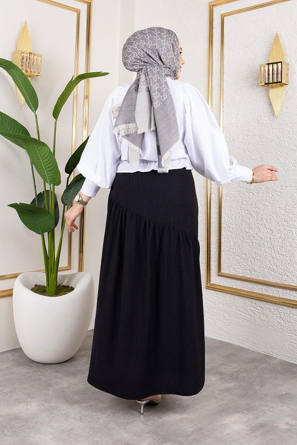 Beli Lastikli Büzgülü Etek-5026 Siyah