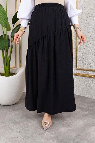 Beli Lastikli Büzgülü Etek-5026 Siyah - Thumbnail