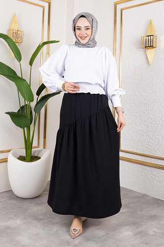 Beli Lastikli Büzgülü Etek-5026 Siyah - Thumbnail