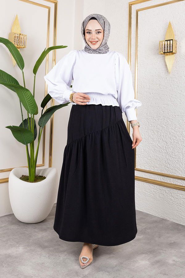 Beli Lastikli Büzgülü Etek-5026 Siyah