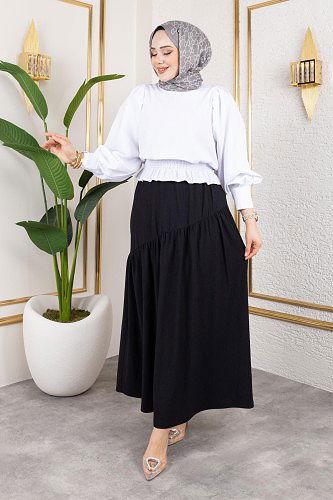 Beli Lastikli Büzgülü Etek-5026 Siyah - Thumbnail