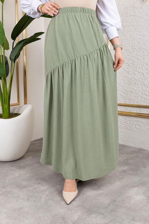 Beli Lastikli Büzgülü Etek-5026 Su yeşili
