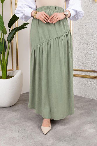 Beli Lastikli Büzgülü Etek-5026 Su yeşili - Thumbnail