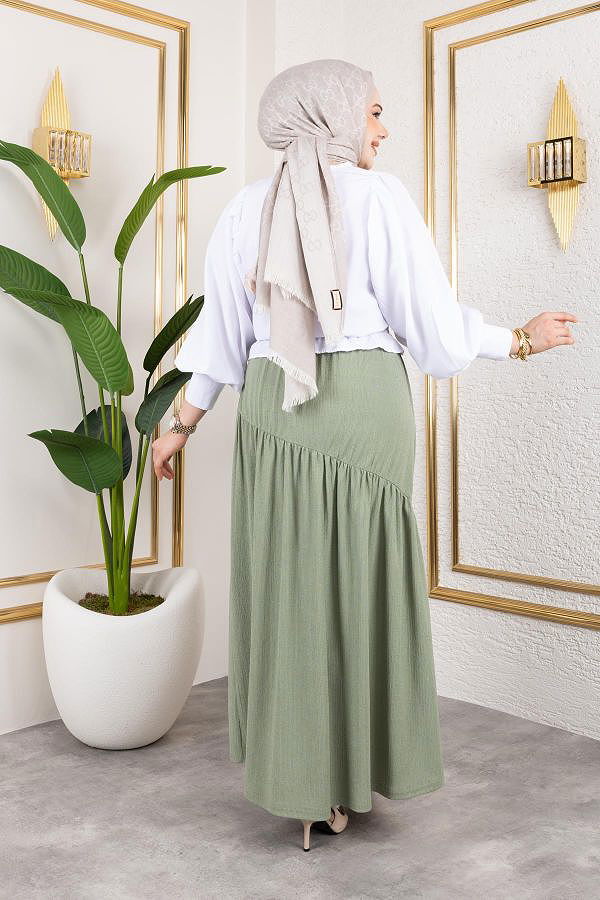 Beli Lastikli Büzgülü Etek-5026 Su yeşili