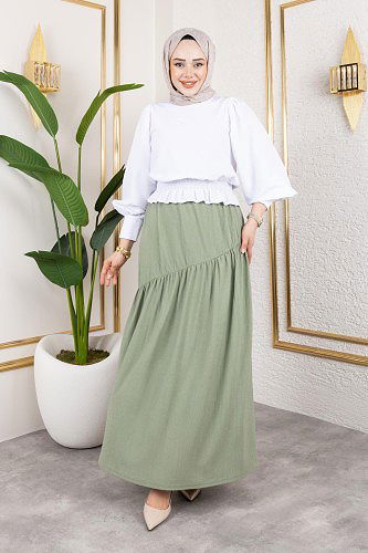 Modaebva - Beli Lastikli Büzgülü Etek-5026 Su yeşili
