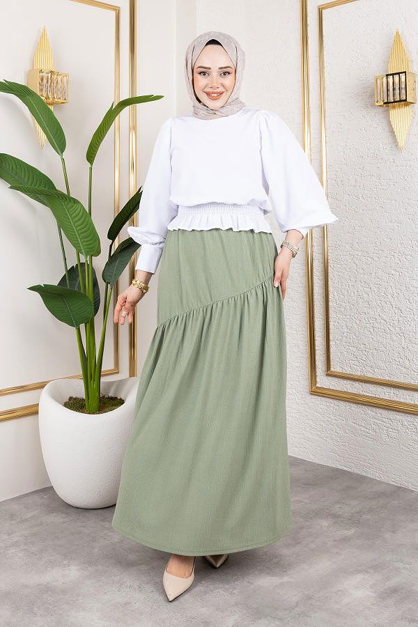 Beli Lastikli Büzgülü Etek-5026 Su yeşili