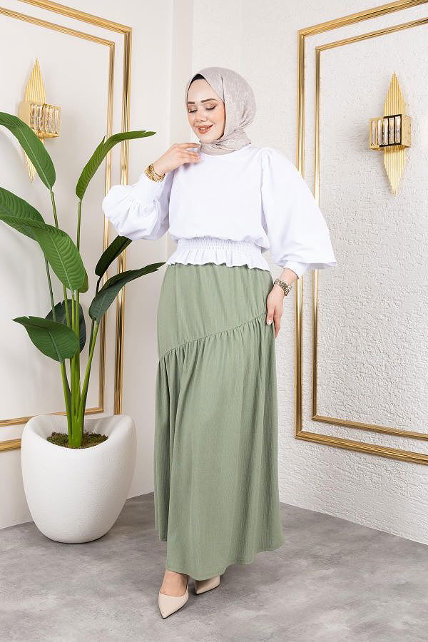 Beli Lastikli Büzgülü Etek-5026 Su yeşili