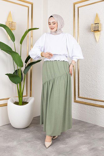 Modaebva - Beli Lastikli Büzgülü Etek-5026 Su yeşili (1)