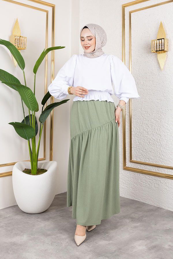 Beli Lastikli Büzgülü Etek-5026 Su yeşili