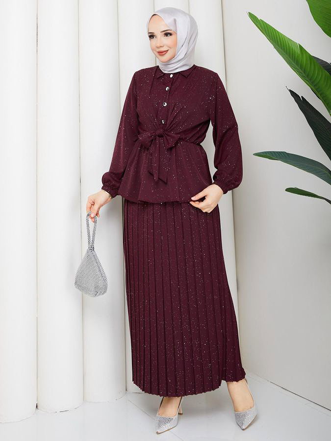 Beli Lastikli Etekli İkili Takım-5169 Bordo