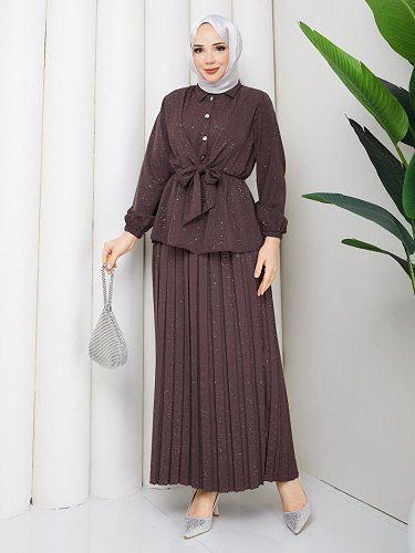 Modaebva - Beli Lastikli Etekli İkili Takım-5169 Kahverengi