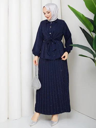 Modaebva - Beli Lastikli Etekli İkili Takım-5169 Lacivert