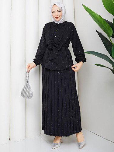 Modaebva - Beli Lastikli Etekli İkili Takım-5169 Siyah