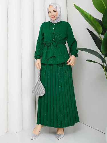 Modaebva - Beli Lastikli Etekli İkili Takım-5169 Yeşil