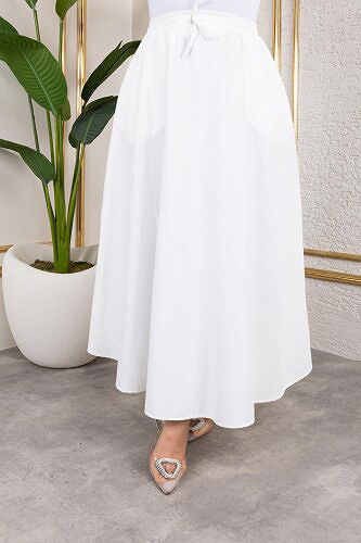 Beli Lastikli Kloş Etek-3035 Beyaz - Thumbnail