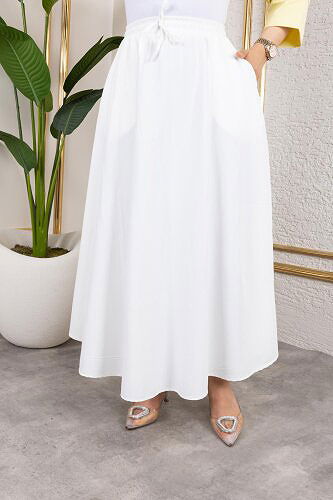 Modaebva - Beli Lastikli Kloş Etek-3035 Beyaz
