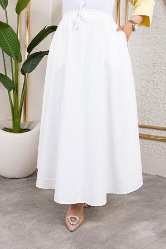 Beli Lastikli Kloş Etek-3035 Beyaz - Thumbnail