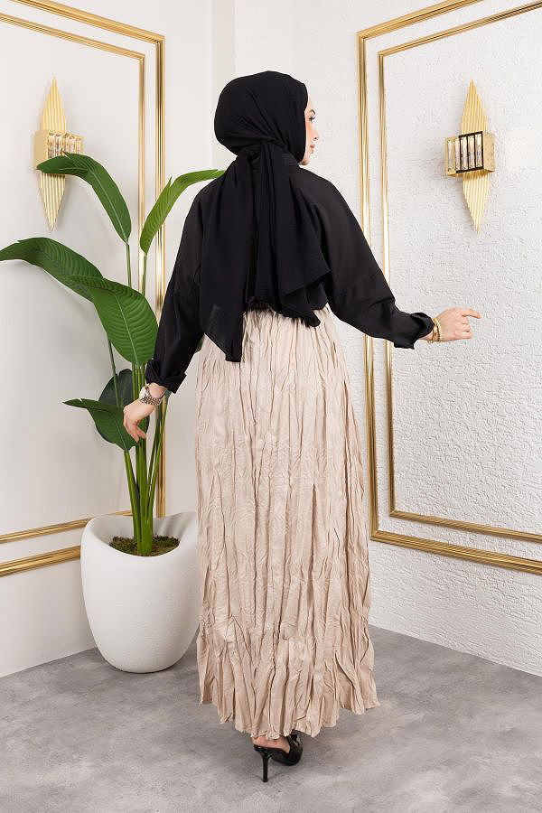 Beli Lastikli Kraş Etek-2040 Bej