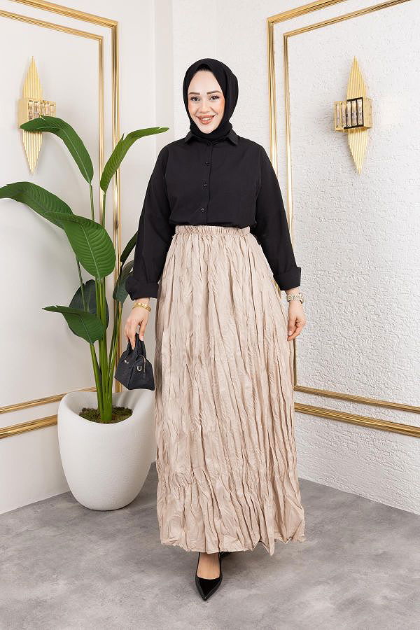 Beli Lastikli Kraş Etek-2040 Bej