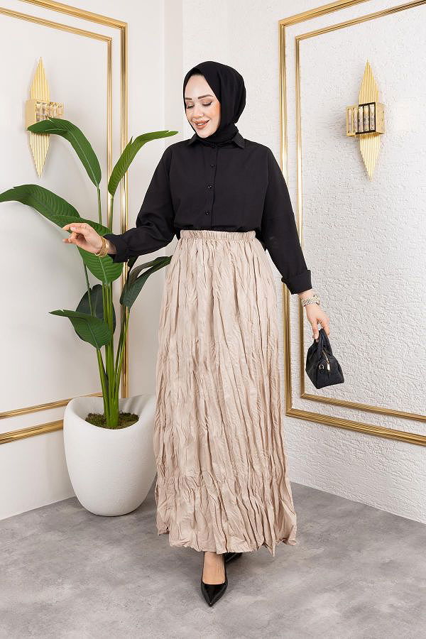 Beli Lastikli Kraş Etek-2040 Bej