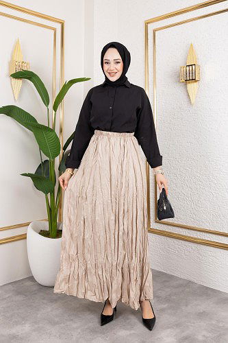 Modaebva - Beli Lastikli Kraş Etek-2040 Bej