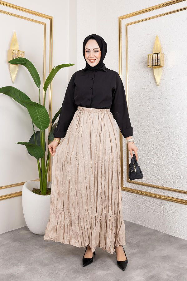 Beli Lastikli Kraş Etek-2040 Bej