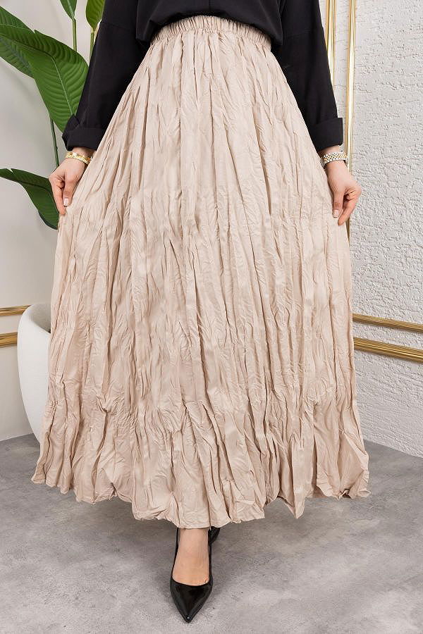 Beli Lastikli Kraş Etek-2040 Bej