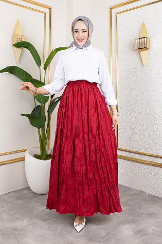 Modaebva - Beli Lastikli Kraş Etek-2040 Bordo